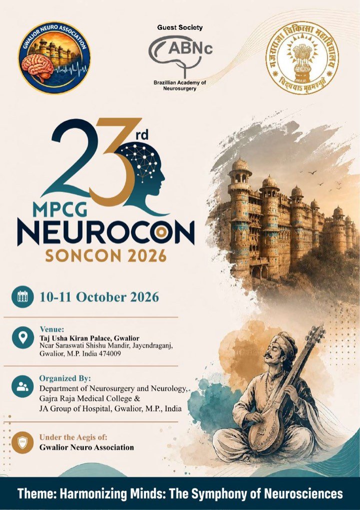 Brochure cover of the 23rd MPCG NeuroCon SONCON 2026 — 10–11 October 2026, Taj Usha Kiran Palace, Gwalior